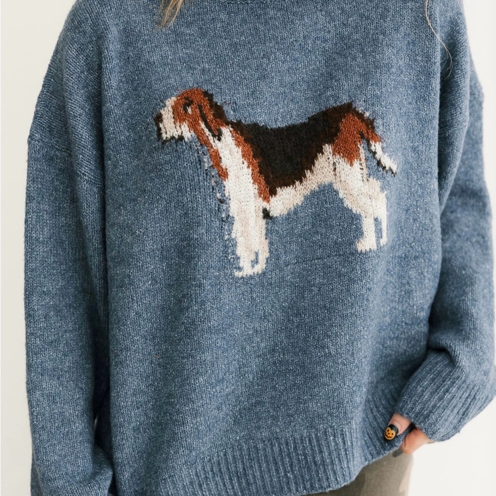 Cozy Blue Hound Dog Oversized Crewneck Sweater - Picture 3 of 7